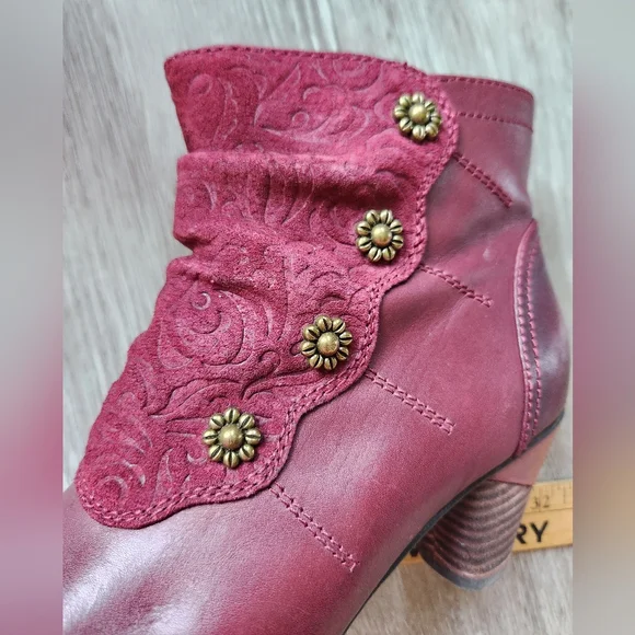 Red Leather Ankle Boots with Decorative Buttons - Picture 8 of 12